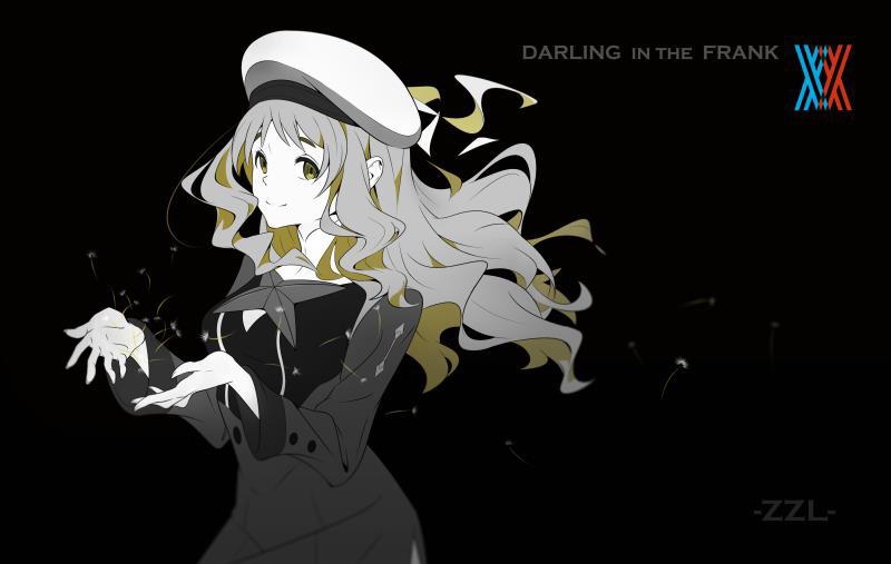 1girl arms_up artist_name bangs beret black_background brown_hair closed_mouth copyright_name dandelion_seed darling_in_the_franxx green_eyes hat kokoro_(darling_in_the_franxx) logo long_hair long_sleeves looking_at_viewer monochrome simple_background smile solo standing uniform upper_body zzl