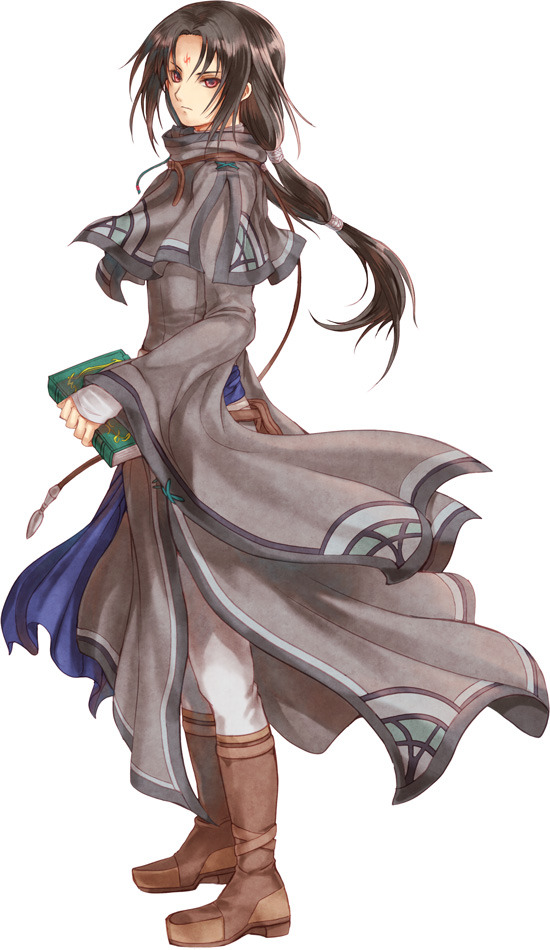 1boy black_hair book boots brown_footwear capelet facial_mark fire_emblem fire_emblem:_radiant_dawn forehead_mark full_body grey_capelet grey_robe holding holding_book long_hair long_sleeves looking_at_viewer low_ponytail male_focus multi-tied_hair nemupon_(goodlucky) pants red_eyes robe sidelocks simple_background soren_(fire_emblem) standing white_background white_pants wide_sleeves