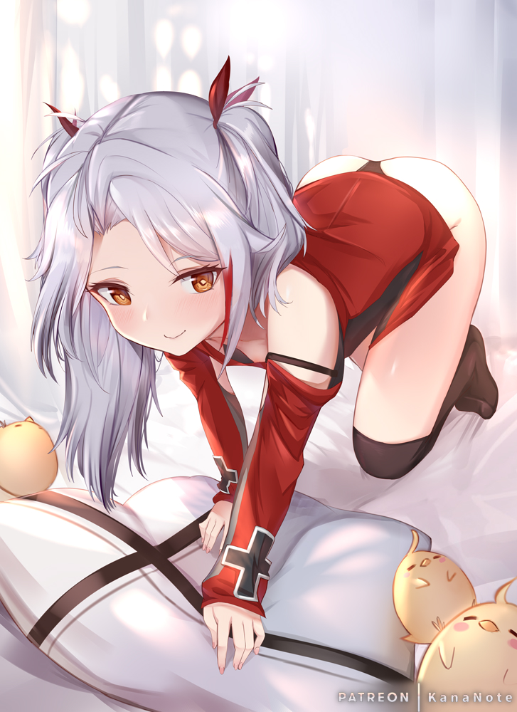 1girl all_fours antenna_hair ass azur_lane b_b_b_b66 bangs bed black_legwear blush breasts brown_eyes closed_mouth collarbone iron_cross long_hair long_sleeves looking_at_viewer manjuu_(azur_lane) multicolored_hair off_shoulder on_bed patreon_username prinz_eugen_(azur_lane) redhead silver_hair small_breasts smile solo streaked_hair swept_bangs thigh-highs two_side_up younger