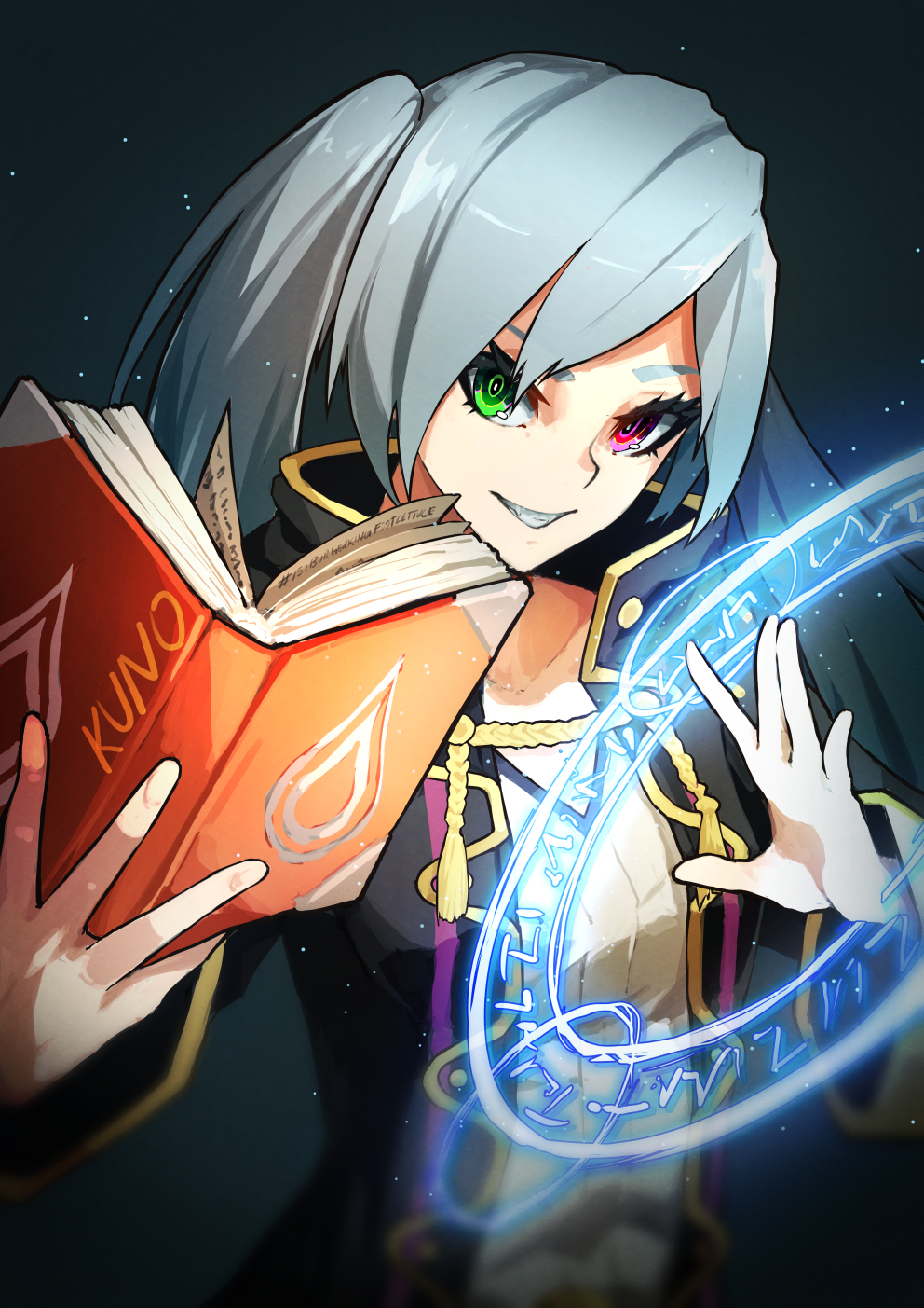 1girl artist_name bangs beige_sweater black_background black_robe blurry book casting_spell clenched_teeth collarbone depth_of_field english_commentary fire_emblem gold_trim green_eyes grey_hair heterochromia highres holding holding_book kuno_(runkunochan) long_hair magic magic_circle open_book parted_lips pink_eyes robe robin_(fire_emblem) robin_(fire_emblem)_(female) shiny shiny_hair simple_background solo teeth twintails upper_body wide_sleeves