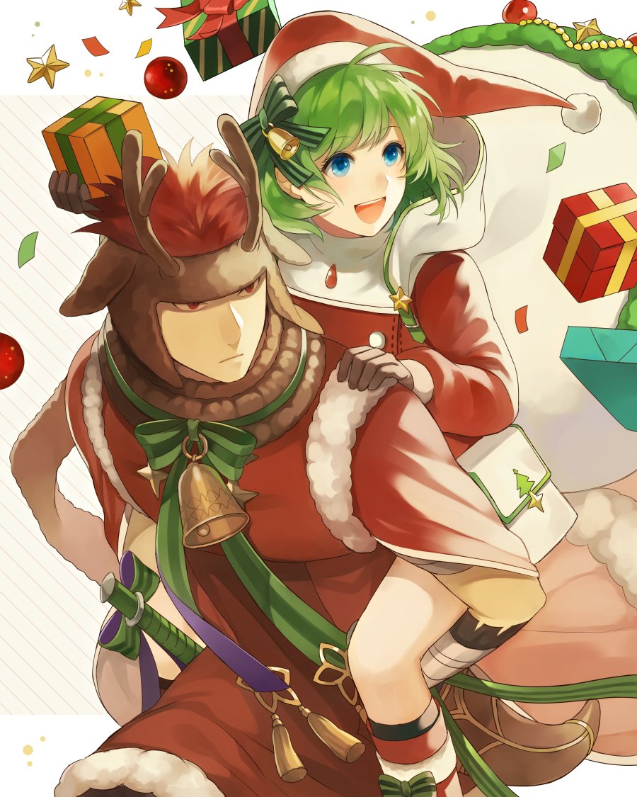 1boy 1girl antlers aym_(ash3ash3ash) bell blue_eyes bow box brown_eyes brown_gloves brown_hair carrying christmas_ornaments closed_mouth fire_emblem fire_emblem:_the_blazing_blade fire_emblem_heroes fur_trim gift gift_box gloves green_hair hat holding jaffar_(fire_emblem) long_sleeves nino_(fire_emblem) open_mouth piggyback pom_pom_(clothes) red_headwear reindeer_antlers santa_costume santa_hat short_hair