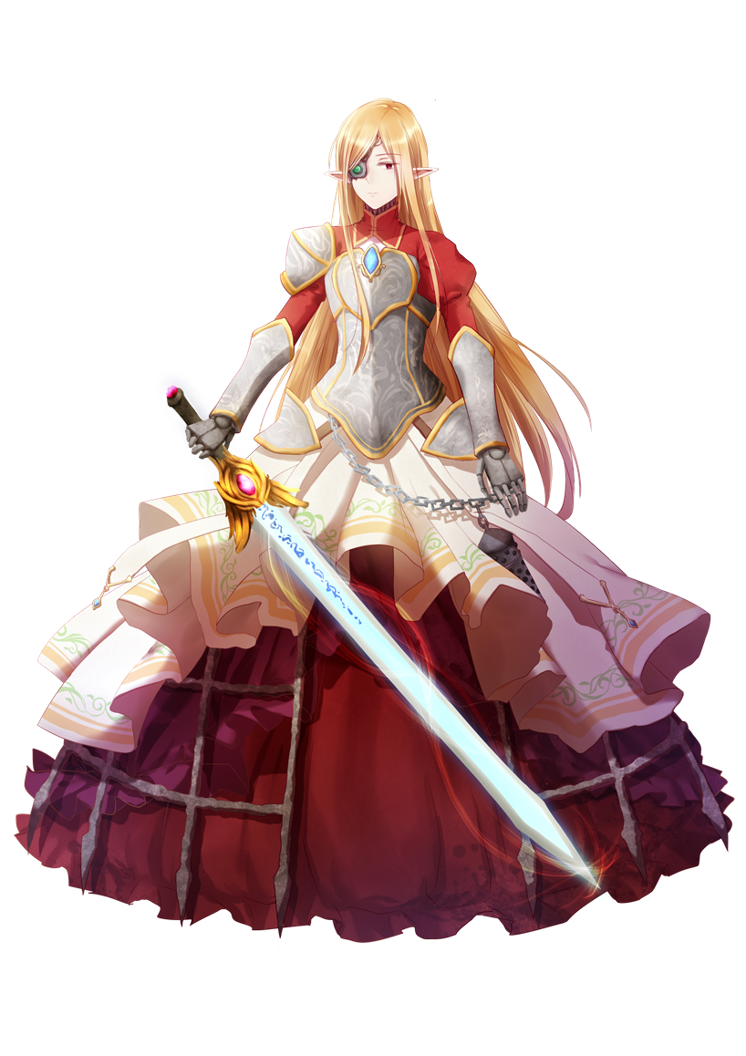 armor blonde_hair chain dress elf eyepiece full_body gauntlets glint holding holding_sword holding_weapon juliet_sleeves lantern long_hair long_sleeves looking_at_viewer original pointy_ears puffy_sleeves red_dress red_eyes shoulder_armor simple_background standing sword very_long_hair weapon white_background xiao_yung_lin