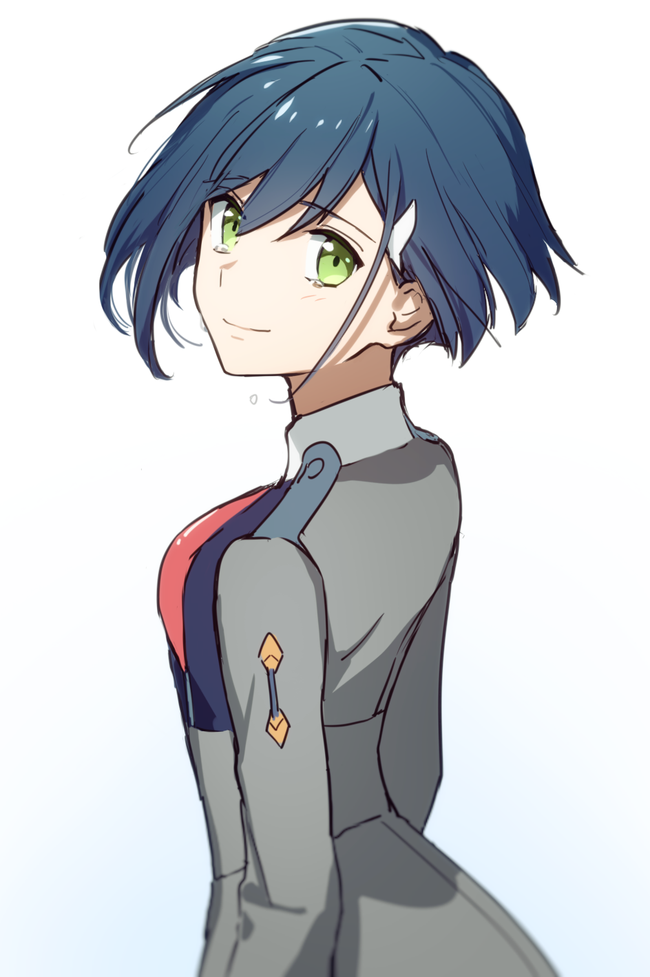 1girl bangs blue_hair blush breasts closed_mouth collar commentary_request darling_in_the_franxx eyebrows_visible_through_hair from_behind green_eyes hair_between_eyes hair_ornament hairclip highres ichigo_(darling_in_the_franxx) long_sleeves looking_at_viewer looking_back short_hair simple_background smile solo teardrop tears toma_(norishio) uniform upper_body white_background