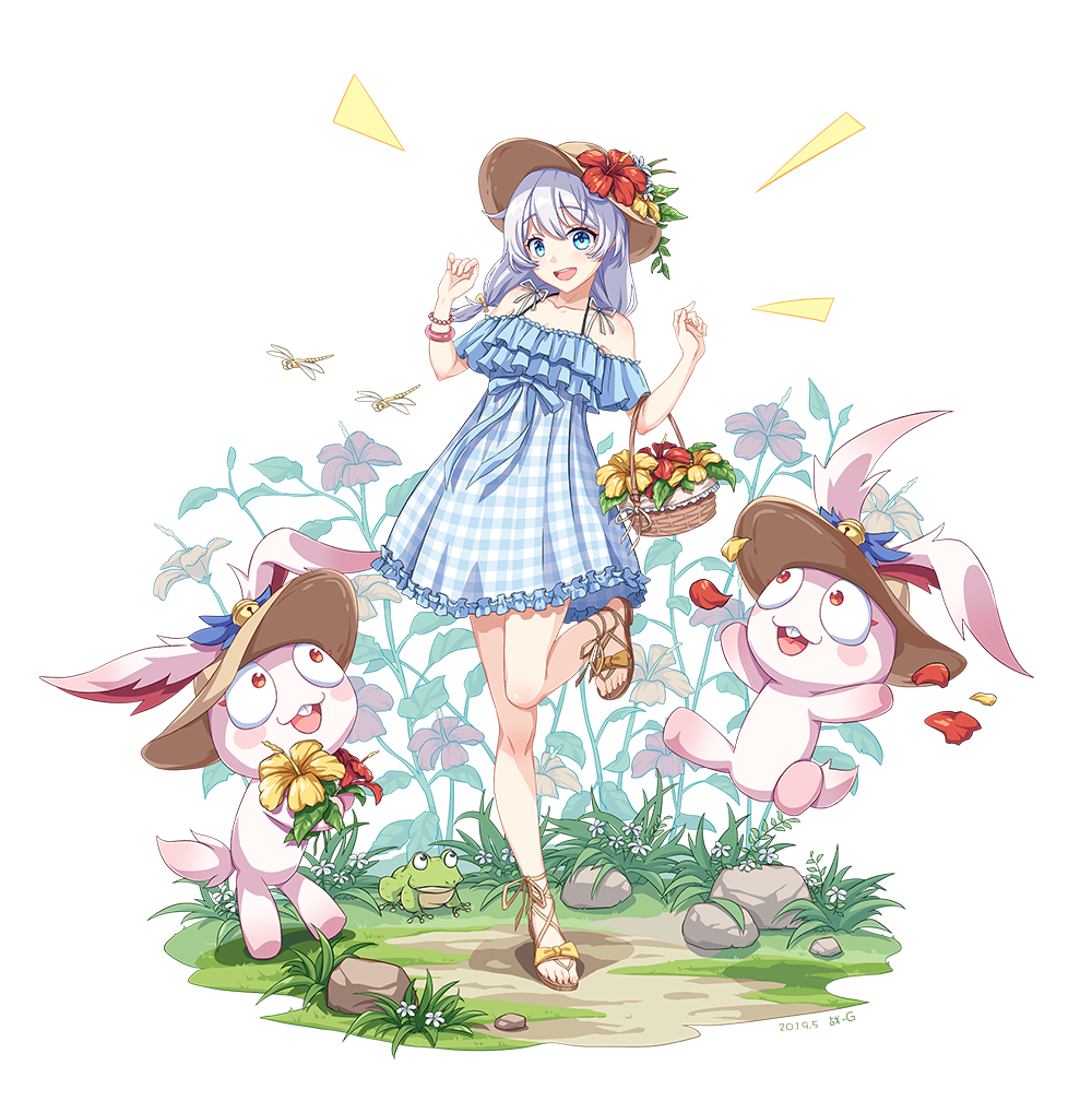 1girl alternate_hairstyle artist_name bangs bare_legs bare_shoulders bell blue_eyes blush_stickers bracelet bug character_request commentary_request creature dated dragonfly dress eyebrows_visible_through_hair flat_chest flower_basket frilled_dress frills frog full_body grass hair_between_eyes hat hat_removed headwear_removed honkai_(series) honkai_impact_3rd insect jewelry lace lace-trimmed_legwear low_twintails off-shoulder_dress off_shoulder plaid plaid_dress ribbon-trimmed_dress rock sandals shadow silver_hair solo_focus standing standing_on_one_leg sun_hat sundress tachi-e theresa_apocalypse twintails zhandou_greymon