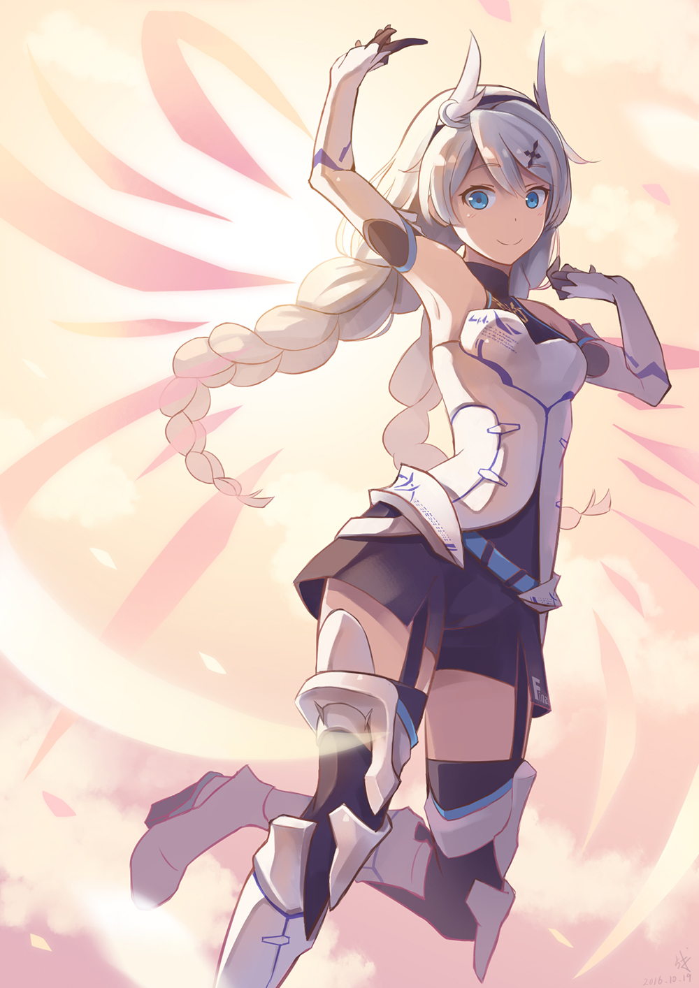 1girl ahoge armor armpits arms_up blue_eyes boots braid breasts chinese_commentary clouds commentary_request cross_hair_ornament dated elbow_gloves energy_wings eyebrows_visible_through_hair garter_straps gloves hair_between_eyes hair_ornament hairband high_heel_boots high_heels highres honkai_(series) honkai_impact_3rd kiana_kaslana kiana_kaslana_(knight_moonbeam) long_hair looking_at_viewer medium_breasts short_jumpsuit sidelocks signature silver_hair sky smile solo thigh-highs thigh_boots twin_braids very_long_hair winged_hairband zhandou_greymon