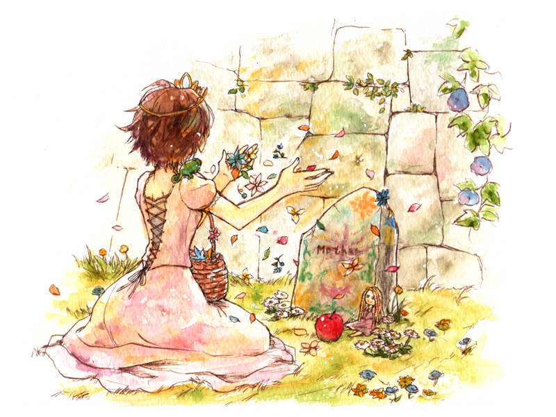 1girl animal animal_on_shoulder basket blue_flower brown_hair chameleon character_name commentary_request disney drawing dress facing_away flower flower_basket flower_request full_body grass itsuki_(sakana-crusade) leaf messy_hair orange_flower outdoors outstretched_arms pascal_(tangled) petals pink_flower puffy_short_sleeves puffy_sleeves purple_dress rapunzel_(disney) red_flower short_hair short_sleeves shoulder_blades sitting solo stone_wall tangled tiara tombstone traditional_media very_short_hair wall watercolor_(medium) white_flower yellow_flower