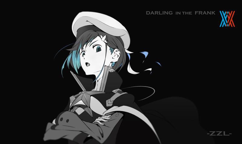 1girl artist_name bangs beret black_background blue_eyes blue_hair copyright_name darling_in_the_franxx hair_ornament hairclip hat ichigo_(darling_in_the_franxx) jacket logo long_sleeves looking_at_viewer monochrome open_mouth short_hair simple_background solo uniform upper_body zzl