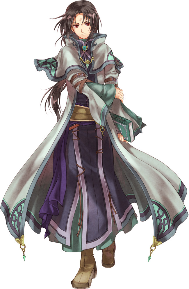 1boy black_hair blue_robe book boots brooch brown_footwear capelet facial_mark fire_emblem fire_emblem:_radiant_dawn forehead_mark holding holding_book jewelry long_hair long_sleeves looking_at_viewer male_focus nemupon_(goodlucky) open_clothes open_robe red_eyes robe simple_background soren_(fire_emblem) white_background white_capelet white_robe wide_sleeves