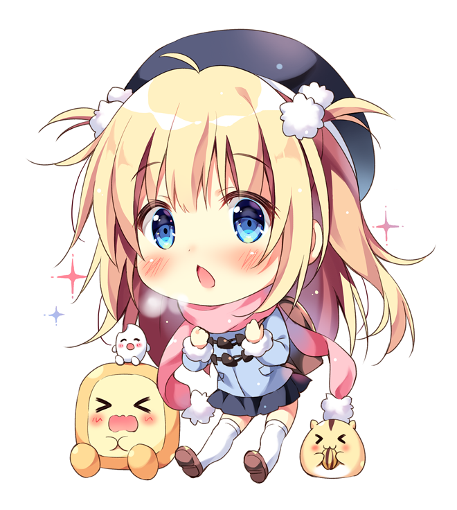 &gt;_&lt; 1girl :3 :o ^_^ ahoge backpack bag bangs beret black_headwear black_skirt blonde_hair blue_coat blue_eyes blush breath brown_footwear chibi clenched_hands closed_eyes commentary_request eating hair_bobbles hair_ornament hamster hat long_hair long_sleeves looking_at_viewer miniskirt original pan_(mimi) pink_scarf pom_pom_(clothes) scarf seed shoes simple_background skirt sparkle sunflower_seed ten-chan_(pan_(mimi)) thigh-highs two_side_up white_background white_legwear winter_clothes