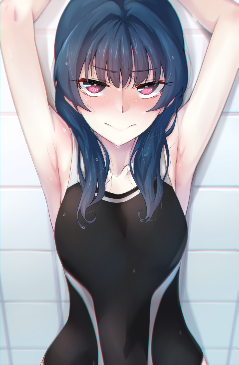 1girl armpits arms_up blue_hair competition_swimsuit highres long_hair looking_at_viewer love_live! love_live!_school_idol_project love_live!_sunshine!! nasuno_(nasuno42) one-piece_swimsuit solo swimsuit tears tsushima_yoshiko violet_eyes wet wet_hair