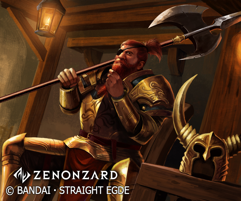 1boy armor axe beard chair company_name copyright_name eyepatch facial_hair gold_armor hand_up headwear_removed helmet helmet_removed holding_polearm horned_helmet indoors lancergrow lantern looking_at_viewer male_focus official_art poleaxe redhead sitting solo watermark zenonzard