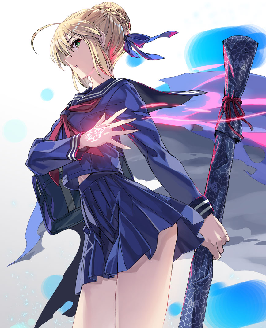 1girl ahoge artoria_pendragon_(all) bangs blonde_hair blue_bag blue_shirt blue_skirt commentary_request eyebrows_visible_through_hair fate/grand_order fate_(series) from_side green_eyes hand_tattoo holding looking_at_viewer pleated_skirt ribbon saber shirt skirt solo yahako