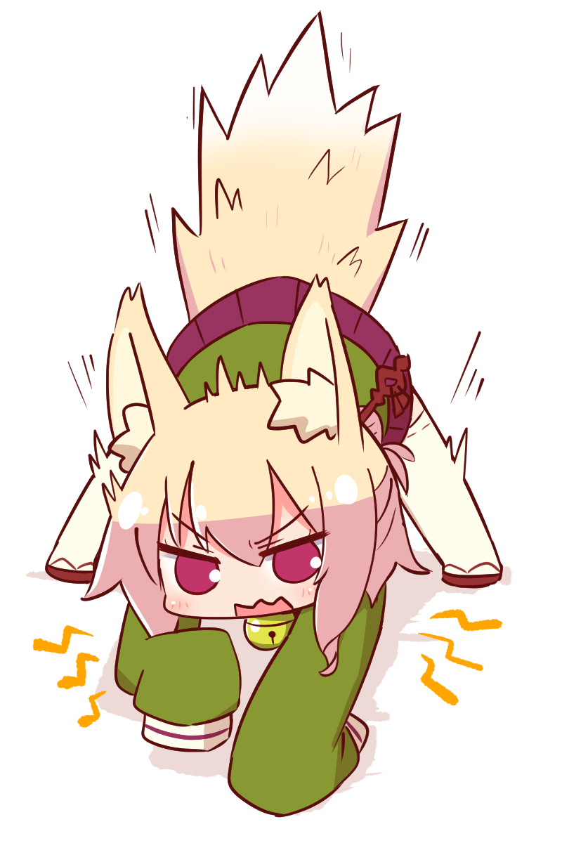 1girl all_fours animal_ear_fluff animal_ears bangs bell blonde_hair blush brown_footwear commentary_request eyebrows_visible_through_hair fox_ears fox_girl fox_tail full_body green_shirt hair_between_eyes hair_bun hair_ornament highres jingle_bell kemomimi-chan_(naga_u) long_hair long_sleeves looking_at_viewer naga_u open_mouth original pleated_skirt purple_skirt red_eyes ribbon-trimmed_legwear ribbon_trim shadow shirt skirt sleeves_past_fingers sleeves_past_wrists solo tail tail_raised thigh-highs v-shaped_eyebrows wavy_mouth white_background white_legwear
