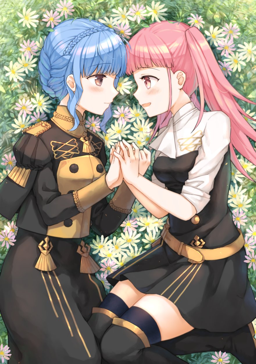 2girls belt blue_hair boots braid brown_eyes closed_mouth crown_braid fire_emblem fire_emblem:_three_houses fire_emblem:_three_houses flower from_side fukuroumori garreg_mach_monastery_uniform highres hilda_valentine_goneril holding_hands intelligent_systems koei_tecmo long_hair long_sleeves lying marianne_von_edmund multiple_girls nintendo on_side open_mouth pink_eyes pink_hair thigh-highs twintails uniform yuri