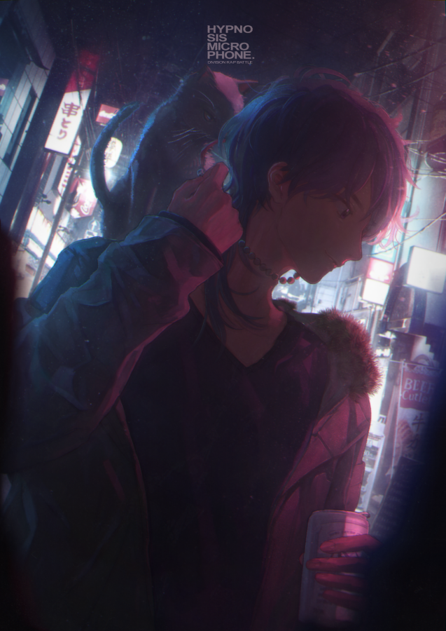 1boy animal animal_on_shoulder arisugawa_dice bangs banner bead_necklace beads black_cat black_hair black_shirt can cat cat_on_shoulder fur-trimmed_jacket fur_trim hand_up holding hypnosis_mic jacket jewelry long_sleeves looking_away male_focus medium_hair necklace night open_clothes open_jacket outdoors profile shirt sioda soda_can upper_body v-neck