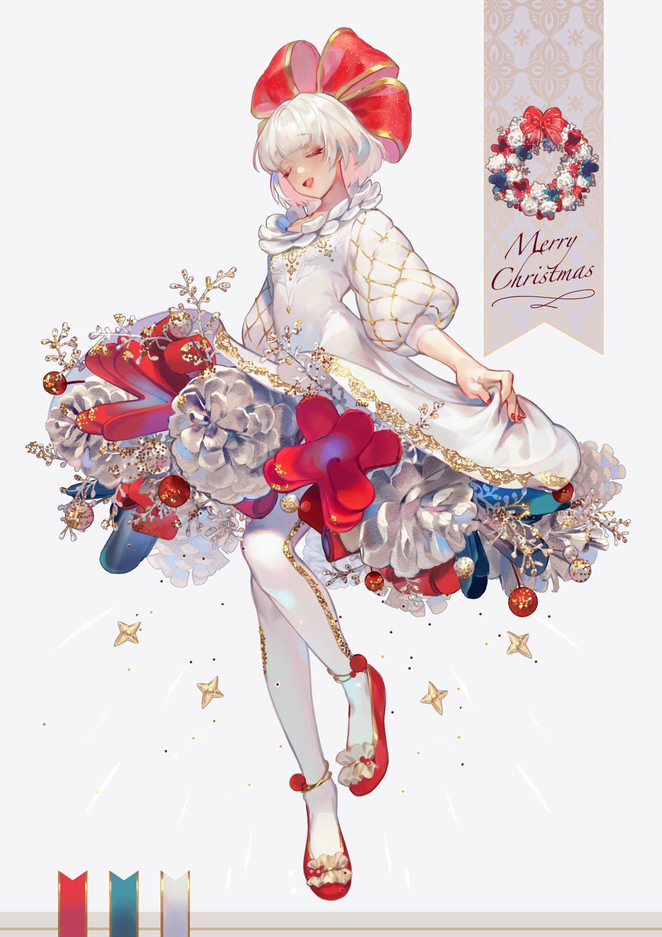 1girl aruk bangs blunt_bangs blush bow christmas christmas_ornaments closed_eyes dress eyebrows_visible_through_hair gold_trim highres lipstick makeup medium_hair merry_christmas original pinecone red_bow red_footwear red_lipstick red_nails smile solo white_dress wreath