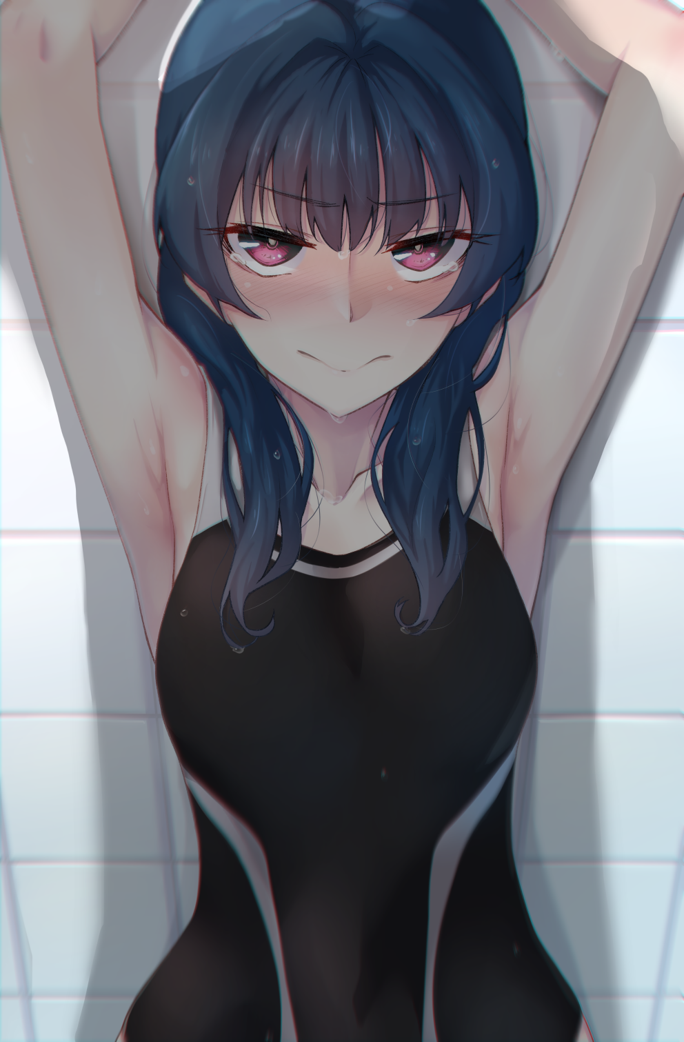 1girl armpits arms_up blue_hair competition_swimsuit highres long_hair looking_at_viewer love_live! love_live!_school_idol_project love_live!_sunshine!! nasuno_(nasuno42) one-piece_swimsuit shadow solo swimsuit tears tsushima_yoshiko violet_eyes wet wet_hair