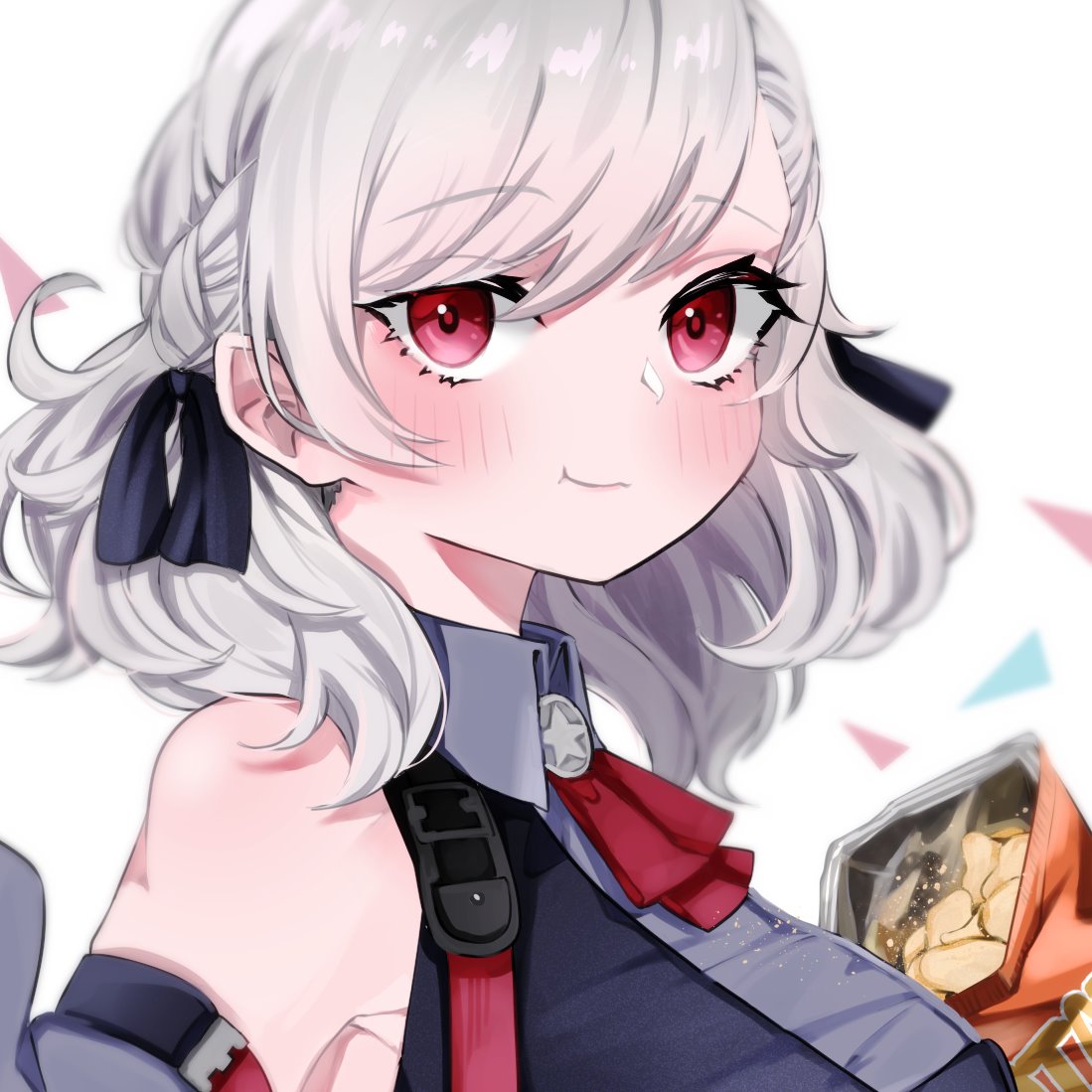 1girl armpits bare_shoulders blush breasts chips close-up collared_shirt detached_sleeves eating food from_side girls_frontline hair_ribbon harness kairi630 large_breasts looking_at_viewer necktie potato_chips red_eyes ribbon shirt spas-12_(girls_frontline) twintails white_hair
