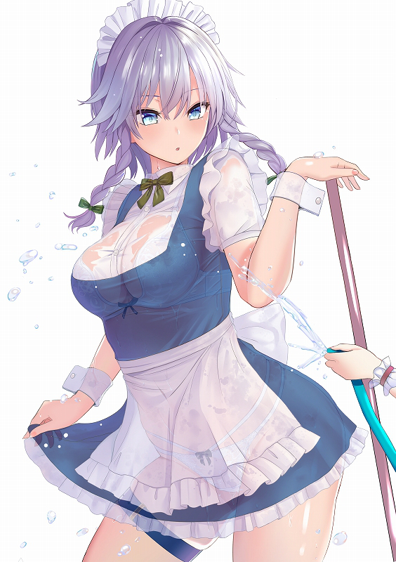 1girl :o amisu apron bangs blue_dress blue_eyes blush bow bow_panties bra braid breasts collarbone commentary_request cowboy_shot dress eyebrows_visible_through_hair frilled_apron frills green_bow hair_between_eyes hair_bow hand_up holding hose izayoi_sakuya large_breasts looking_at_viewer maid maid_apron maid_headdress panties parted_lips petticoat see-through shirt short_dress short_hair short_sleeves silver_hair simple_background solo_focus standing thigh_strap thighs touhou twin_braids underwear waist_apron water wet wet_clothes white_apron white_background white_bra white_panties white_shirt wrist_cuffs