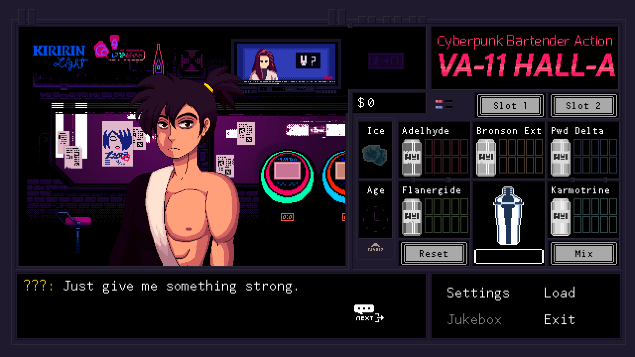 1boy bags_under_eyes bar bare_shoulders black_eyes black_hair buzzybutts closed_mouth crossover gameplay_mechanics japanese_clothes katana_zero kimono meme news nipples parody ponytail television tied_hair va-11_hall-a zero_(katana_zero)