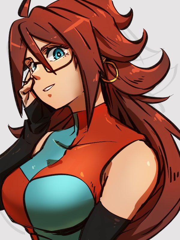 1girl android_21 blue_eyes breasts checkered checkered_dress dragon_ball dragon_ball_fighterz dress earrings glasses grey_background hair_between_eyes hoop_earrings jewelry kemachiku large_breasts long_hair looking_at_viewer redhead solo upper_body