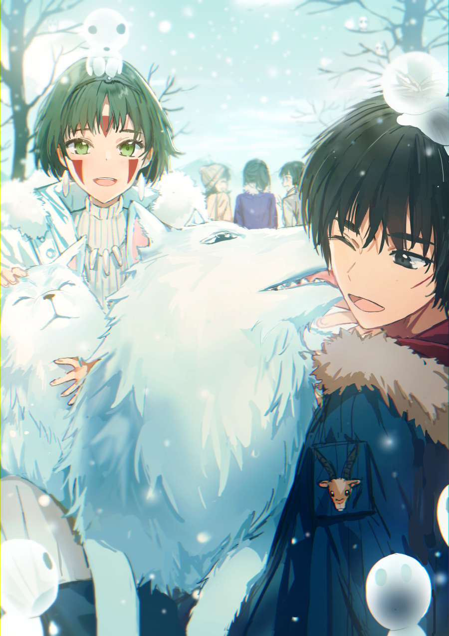 1boy 4girls alternate_costume animal animal_print ashitaka bare_tree beanie black_eyes black_hair blue_coat casual coat contemporary dangmill day earrings facepaint fur-trimmed_coat fur_trim green_eyes green_hair hairband hat highres jewelry kodama licking looking_at_another mononoke_hime multiple_girls necklace one_eye_closed open_mouth outdoors petting ribbed_sweater san short_hair smile snow sweater tree white_coat white_sweater winter wolf