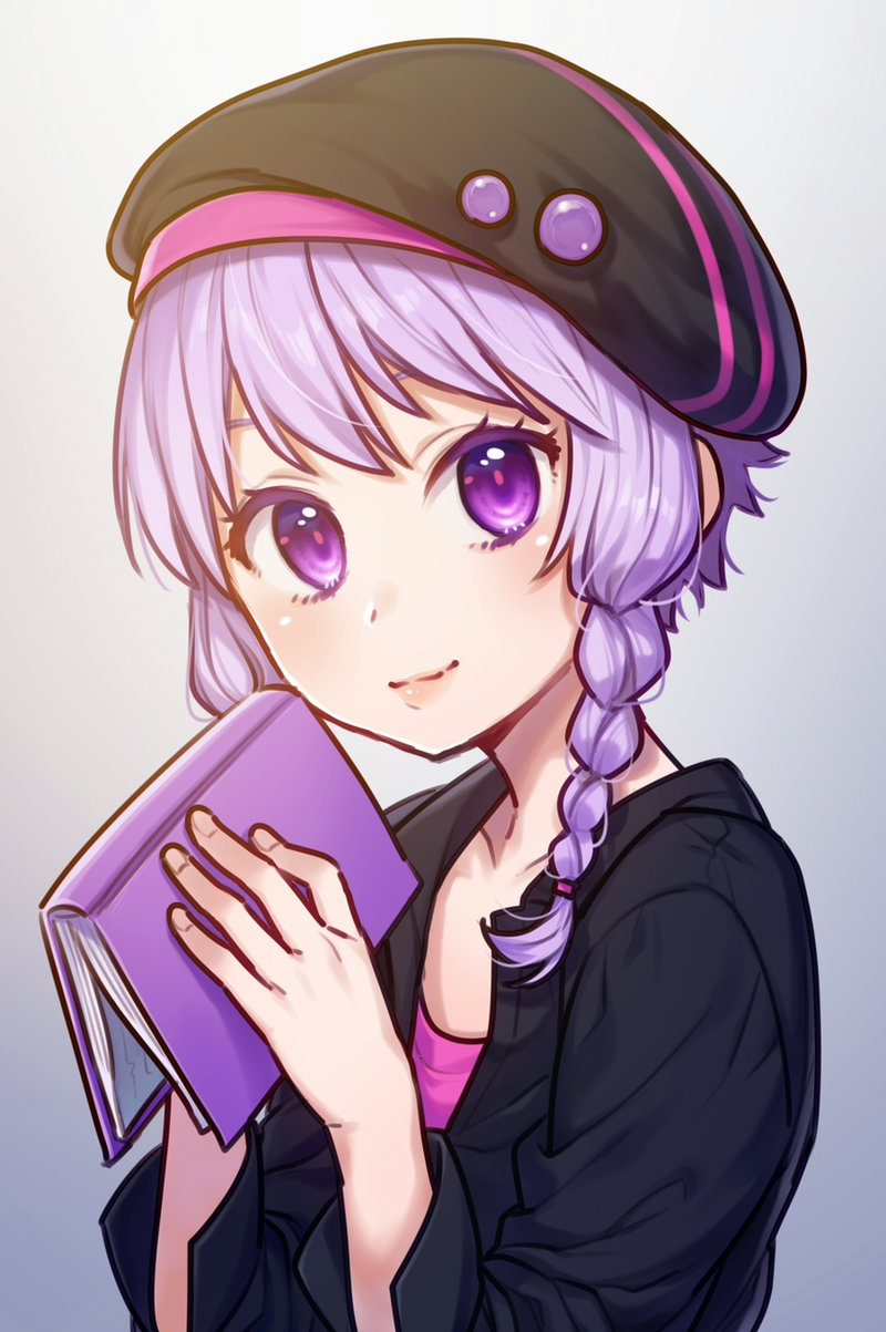 1girl ai_kusunoki alternate_hairstyle bangs black_headwear black_jacket book braid closed_mouth hat highres holding holding_book jacket looking_at_viewer purple_hair short_hair_with_long_locks side_braid smile solo twin_braids upper_body violet_eyes vocaloid voiceroid yuzuki_yukari