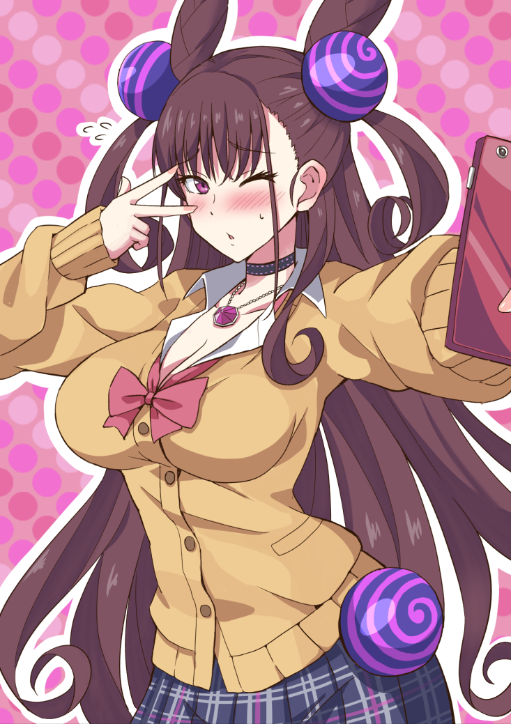 1girl alternate_costume amethyst_(gemstone) bangs beige_sweater blue_skirt blush breasts brown_hair buttons cellphone choker collared_shirt double_bun dress_shirt fate/grand_order fate_(series) flying_sweatdrops hair_ornament jewelry large_breasts long_hair long_sleeves looking_at_viewer murasaki_shikibu_(fate) necklace one_eye_closed open_mouth pendant phone pink_background pleated_skirt self_shot shirt skirt solo two_side_up very_long_hair violet_eyes white_shirt wing_collar xiafuizui