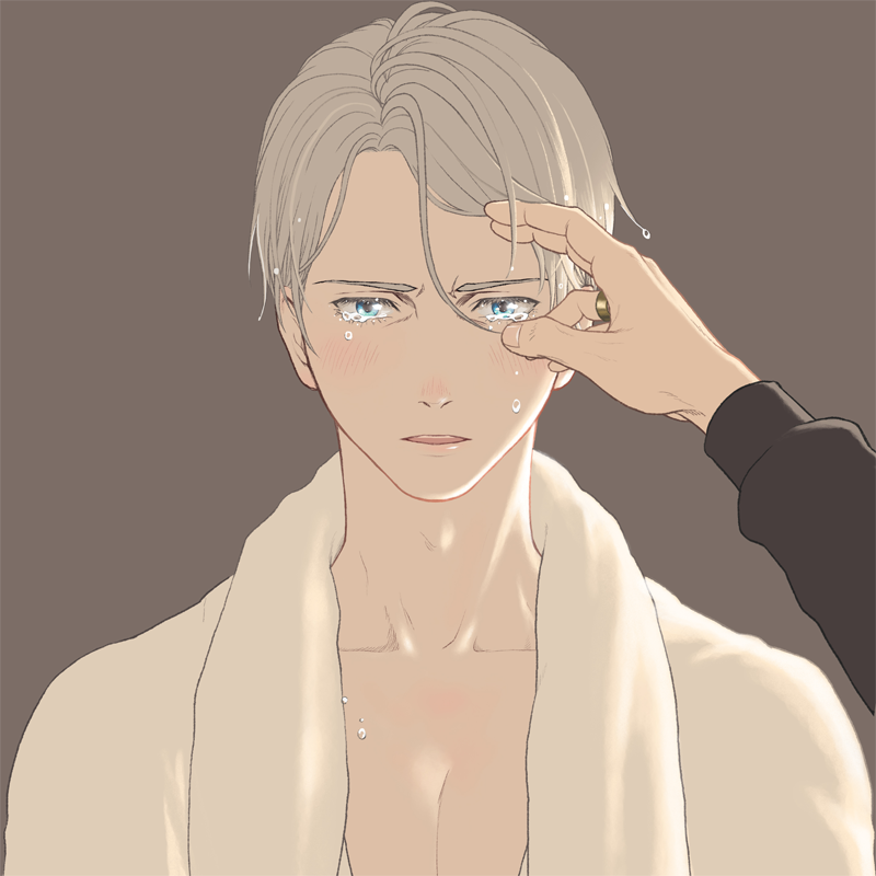 2boys blue_eyes brown_background hand_on_another's_face jewelry katsuki_yuuri male_focus multiple_boys open_mouth ring silver_hair solo_focus tears towel towel_around_neck upper_body viktor_nikiforov yuri!!!_on_ice yuuhei