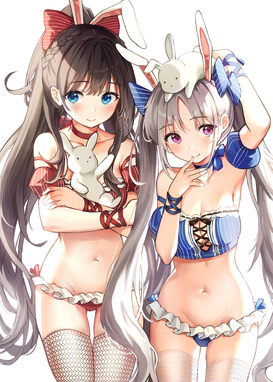 2girls animal animal_ears animal_on_head arm_up armpits bare_shoulders blue_bow blue_bra blue_eyes blue_panties borrowed_character bow bra braid brown_hair choker collarbone commentary_request cowboy_shot detached_sleeves finger_to_mouth fishnet_legwear fishnets french_braid frills grey_hair hair_bow hand_up highres lingerie long_hair looking_at_viewer multiple_girls navel on_head original panties ponytail puffy_short_sleeves puffy_sleeves rabbit rabbit_ears ran9u red_bow red_bra red_panties short_sleeves simple_background smile stomach striped striped_bow thigh-highs twintails underwear very_long_hair violet_eyes white_background
