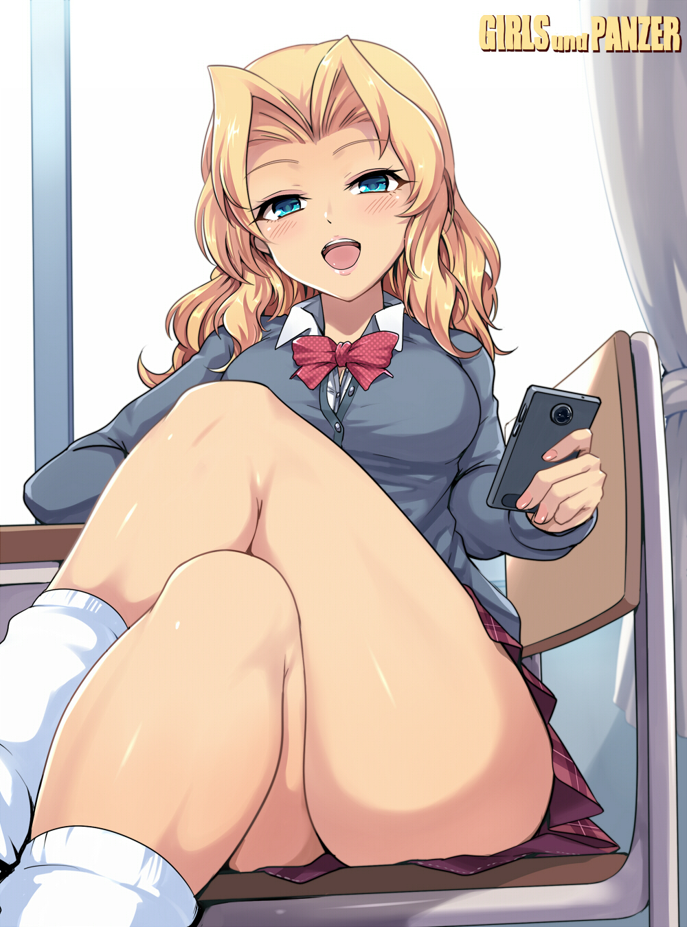 1girl ass blonde_hair blue_eyes blush bow bowtie breasts copyright_name curtains eyebrows_visible_through_hair girls_und_panzer gyaru highres indoors kasai_shin kay_(girls_und_panzer) large_breasts long_hair looking_at_viewer miniskirt on_chair open_mouth red_neckwear saunders_school_uniform school_uniform shiny shiny_hair shiny_skin sitting skirt smile solo teeth tongue upper_teeth window