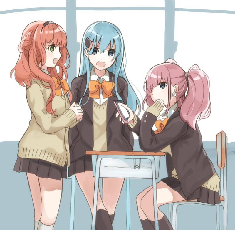 3girls :d alternate_costume aqua_hair atlanta_(kantai_collection) black_legwear black_skirt blue_eyes brown_hairband brown_jacket cardigan cellphone chair cowboy_shot de_ruyter_(kantai_collection) desk earrings hairband holding holding_phone jacket jewelry kantai_collection kneehighs long_hair looking_at_another looking_at_viewer mitsuyo_(mituyo324) multiple_girls open_mouth phone pink_hair pleated_skirt redhead remodel_(kantai_collection) school_uniform sitting skirt sleeves_past_wrists smartphone smile standing star star_earrings suzuya_(kantai_collection) twintails white_legwear