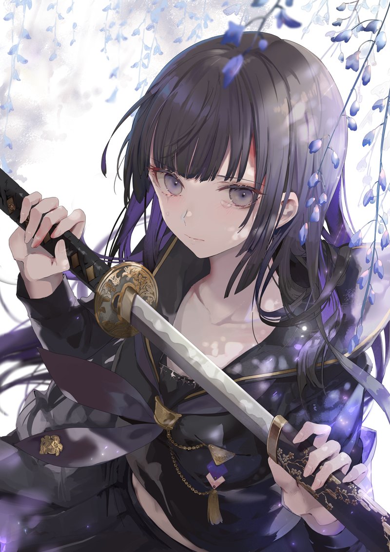 1girl black_hair black_serafuku black_shirt black_skirt blue_flower collarbone commentary_request drawing_sword flower grey_eyes holding holding_sword holding_weapon katana long_hair long_sleeves looking_at_viewer neckerchief original pleated_skirt sailor_collar school_uniform serafuku shirt skirt solo sword tears weapon wisteria yukisame