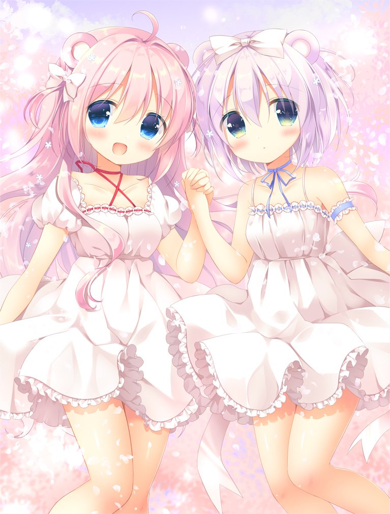 2girls :d ahoge animal_ears aono_ribbon bangs bare_shoulders bear_ears blue_eyes blush bow breasts closed_mouth collarbone commentary_request criss-cross_halter dress eyebrows_visible_through_hair frilled_dress frills green_eyes hair_between_eyes hair_bow hair_intakes halterneck hand_up holding_hands long_hair medium_breasts multiple_girls open_mouth original pink_hair puffy_short_sleeves puffy_sleeves short_hair short_sleeves silver_hair sleeveless sleeveless_dress small_breasts smile very_long_hair white_bow white_dress