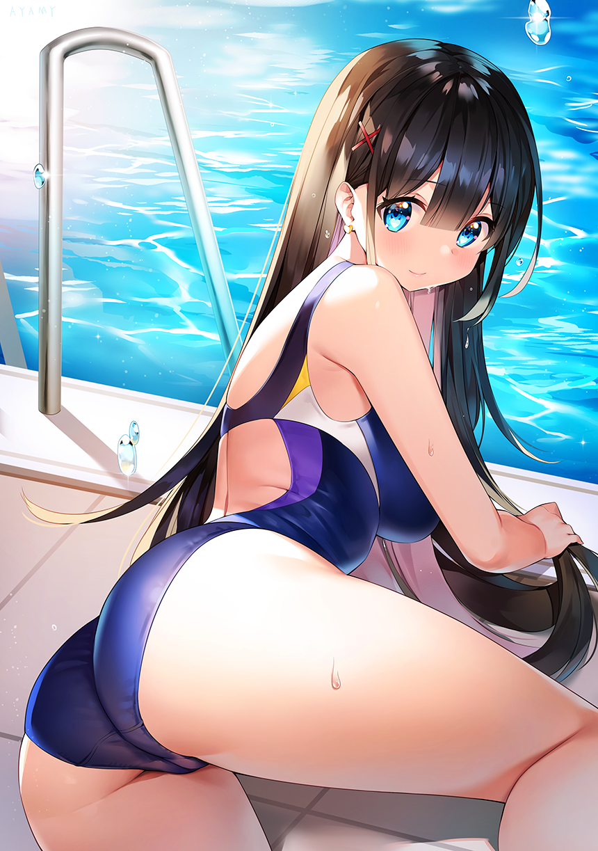 1girl ass ayamy back_cutout bare_arms bare_shoulders black_hair blue_eyes blue_swimsuit breasts competition_swimsuit earrings hair_ornament highres jewelry long_hair looking_at_viewer medium_breasts one-piece_swimsuit original pool poolside sidelocks smile solo swimsuit thighs very_long_hair water wet x_hair_ornament