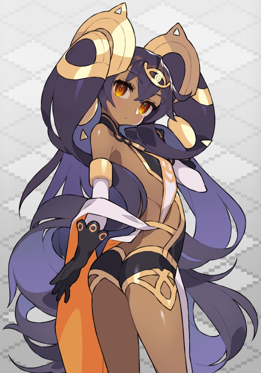 1girl ass bare_shoulders black_gloves black_hair dark_skin elbow_gloves eyebrows_visible_through_hair flat_chest gloves hair_between_eyes hair_ornament highres itsumo_nokoru long_hair looking_at_viewer neftim solo twintails very_long_hair world_flipper yellow_eyes