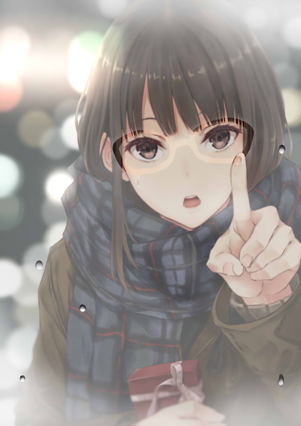 1girl :o bangs blue_scarf blunt_bangs blurry blurry_background bokeh box brown_coat brown_eyes brown_hair coat commentary_request depth_of_field gift gift_box highres holding holding_box holding_gift long_hair long_sleeves looking_at_viewer mixed-language_commentary nabeshima_tetsuhiro open_mouth original plaid plaid_scarf scarf shiny shiny_hair solo upper_body water_drop window window_writing