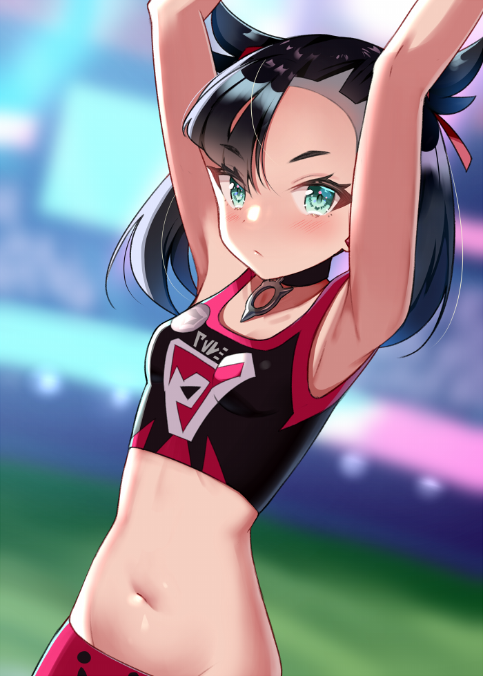 1girl aqua_eyes armpits arms_up asymmetrical_bangs bangs black_choker black_hair blush choker closed_mouth eyebrows_visible_through_hair hair_ribbon looking_at_viewer mary_(pokemon) midriff minatoasu navel pokemon pokemon_(game) pokemon_swsh red_ribbon ribbon short_hair solo sportswear