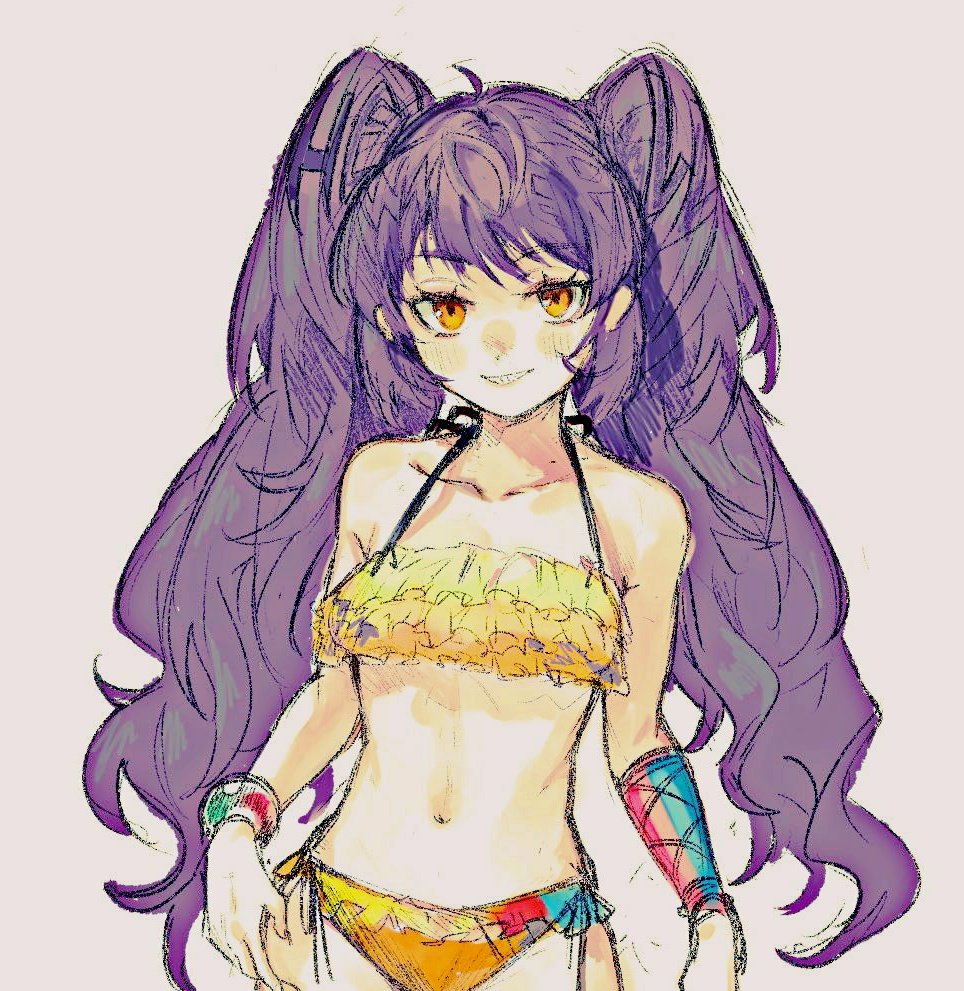 1girl ahoge bare_shoulders blush bracelet brown_background collarbone eyebrows_visible_through_hair frills jewelry long_hair maido_mido navel original parted_lips purple_hair sharp_teeth simple_background smile solo swimsuit teeth twintails yellow_eyes