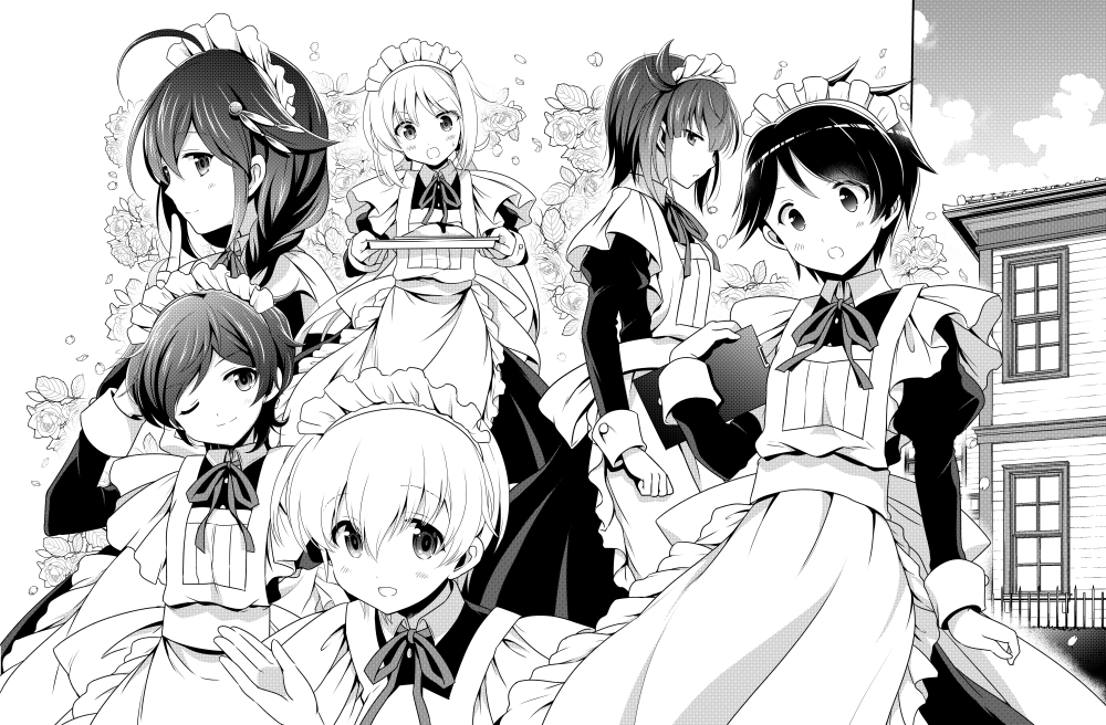 6+girls alternate_costume apron black_hair commentary_request enmaided flower greyscale hatsuzuki_(kantai_collection) kantai_collection long_hair looking_at_viewer maid maid_apron matsukaze_(kantai_collection) mogami_(kantai_collection) monochrome multiple_girls odawara_hakone satsuki_(kantai_collection) shigure_(kantai_collection) short_hair trait_connection twintails z1_leberecht_maass_(kantai_collection)