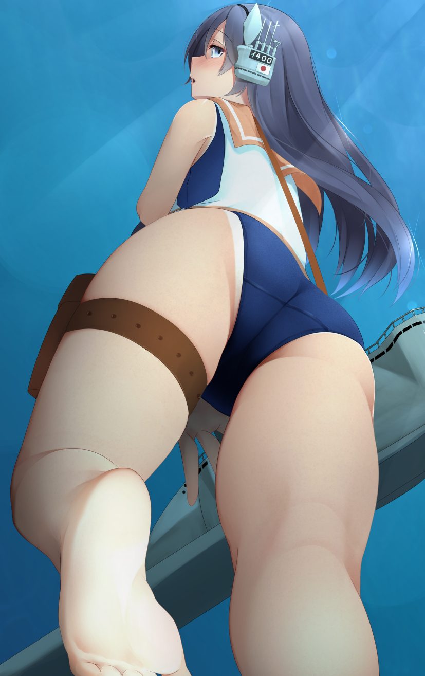 1girl barefoot black_hair blue_eyes blue_swimsuit blush from_behind headgear highres i-400_(kantai_collection) kantai_collection long_hair ne_an_ito one-piece_swimsuit open_mouth orange_sailor_collar rigging sailor_collar school_swimsuit soles solo swimsuit swimsuit_under_clothes tan tanline thighs underwater
