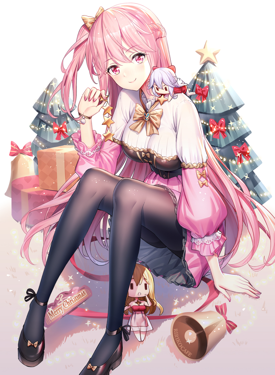 3girls arm_support bare_arms bare_shoulders barefoot bell black_footwear black_legwear blonde_hair blush bow box braid breasts brown_bow chibi christmas christmas_lights christmas_tree closed_mouth collarbone commentary_request dress emily_stock futaba_(zhuoyandesailaer) gift gift_box hair_bow highres holding knees_up long_hair long_sleeves looking_at_viewer medium_breasts merry_christmas minigirl multiple_girls nail_polish one_side_up original pantyhose pink_hair pink_nails pink_skirt puffy_long_sleeves puffy_sleeves red_bow red_dress red_eyes ririko_(zhuoyandesailaer) see-through shirt shoes signature silver_hair sitting skirt smile solo sparkle star strapless strapless_dress striped striped_bow very_long_hair white_shirt ||_||