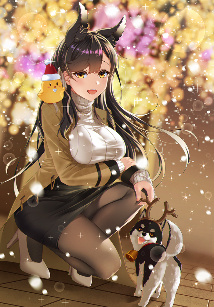 1girl alternate_costume atago_(azur_lane) azur_lane bell black_hair black_legwear breasts christmas commentary_request dog hat high_heels husky jacket jingle_bell kagiyama_(gen'ei_no_hasha) large_breasts leash looking_at_viewer manjuu_(azur_lane) mole mole_under_eye one_knee open_mouth pantyhose puppy ribbed_sweater santa_hat smile snowing solo sparkle sweater turtleneck turtleneck_sweater upper_teeth white_sweater yellow_eyes