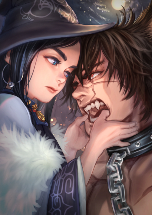 1boy 1girl asirpa black_hair black_headwear blue_eyes brown_hair chain chained collar earrings eye_contact facial_scar fangs full_moon fur golden_kamuy hat hoop_earrings jewelry looking_at_another moon mprichin open_mouth outdoors red_eyes scar shirtless sugimoto_saichi werewolf wide_sleeves witch_hat