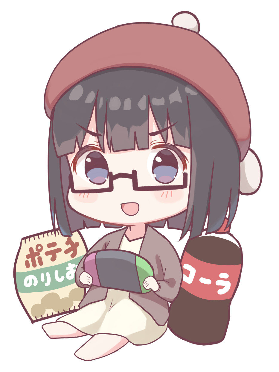 1girl :d bag_of_chips bangs barefoot beret black-framed_eyewear black_hair black_jacket blue_eyes blush_stickers chibi coca-cola commentary_request dress eyebrows_visible_through_hair glasses hat highres holding jacket mimikaki_(men_bow) nintendo_switch open_clothes open_jacket original red_headwear semi-rimless_eyewear simple_background sitting smile soda_bottle solo under-rim_eyewear v-shaped_eyebrows white_background white_dress