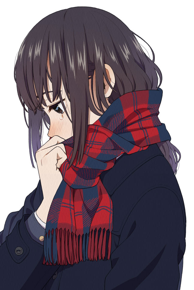 1girl bangs black_jacket blush brown_eyes brown_hair enpera eyebrows_behind_hair fringe_trim hand_up jacket long_hair long_sleeves looking_away looking_down mattaku_mousuke nose_blush original plaid plaid_scarf profile red_scarf scarf simple_background solo tears upper_body white_background