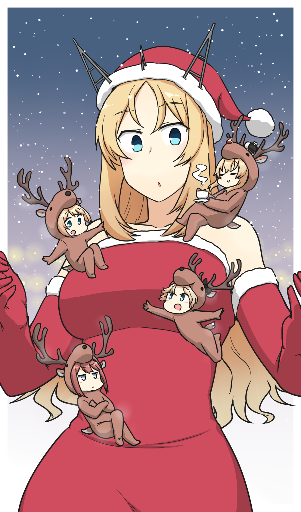 5girls :o animal_costume antlers ark_royal_(kantai_collection) bangs blonde_hair blue_eyes blush breasts christmas closed_eyes costume crossed_arms crown cup dress elbow_gloves eyebrows_visible_through_hair fur_trim gloves hamu_koutarou hat headgear highres holding janus_(kantai_collection) jervis_(kantai_collection) kantai_collection long_hair mini_crown minigirl multiple_girls nelson_(kantai_collection) open_mouth pom_pom_(clothes) red_dress red_gloves redhead santa_hat short_hair sleeveless sleeveless_dress smile snow snowing sparkle steam teacup warspite_(kantai_collection)