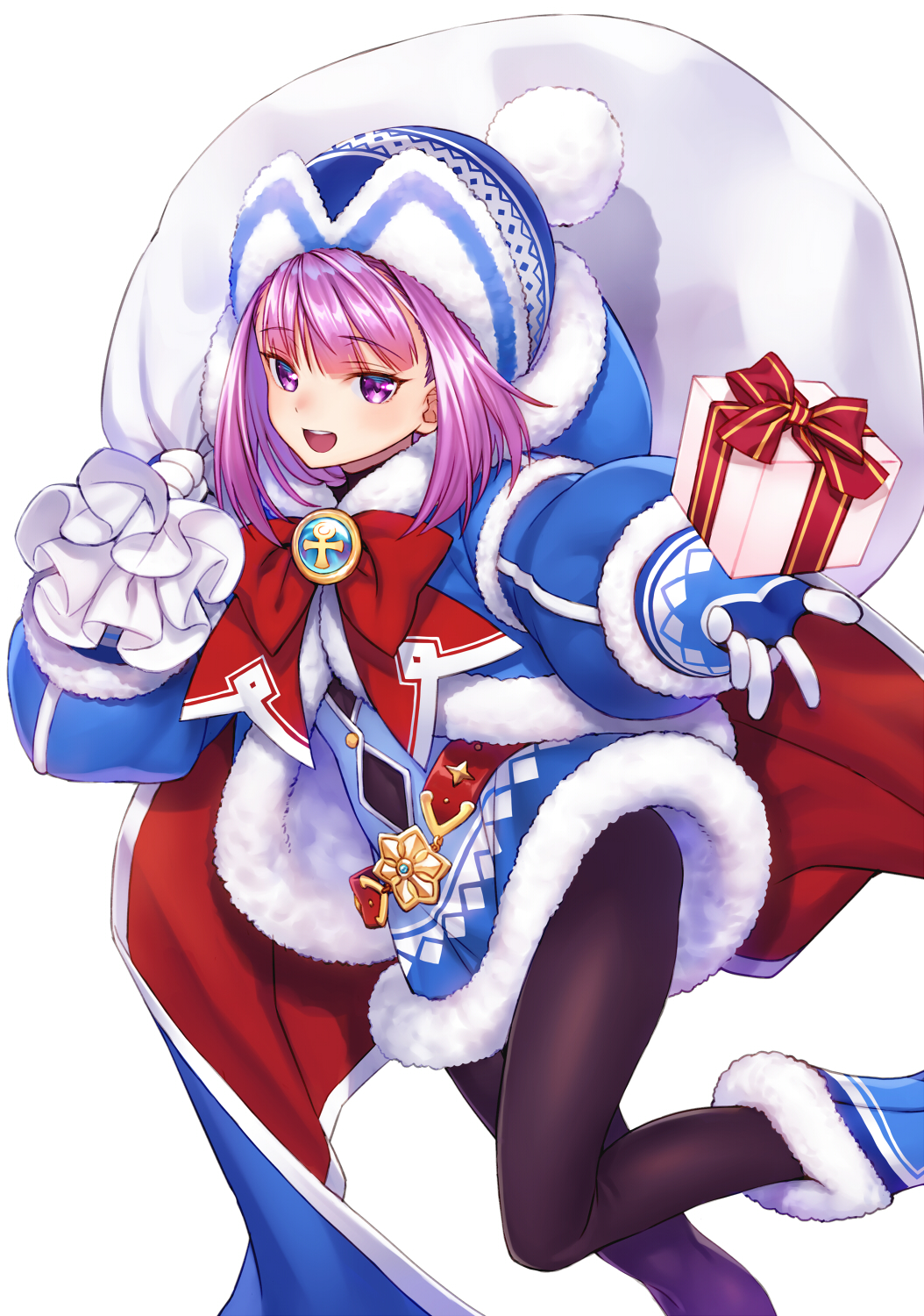 1girl ankh badge bangs beanie belt black_legwear blue_coat blue_footwear blue_gloves blue_headwear blush boots bow box coat fate/grand_order fate/grand_order_arcade fate_(series) fur-trimmed_coat fur-trimmed_dress fur_trim gift gift_box gloves hat helena_blavatsky_(christmas)_(fate) helena_blavatsky_(fate/grand_order) highres hooded_coat large_bow long_sleeves looking_at_viewer matsuryuu open_clothes open_coat open_mouth outstretched_arm pantyhose purple_hair red_bow sack short_hair simple_background smile solo thighs violet_eyes white_background