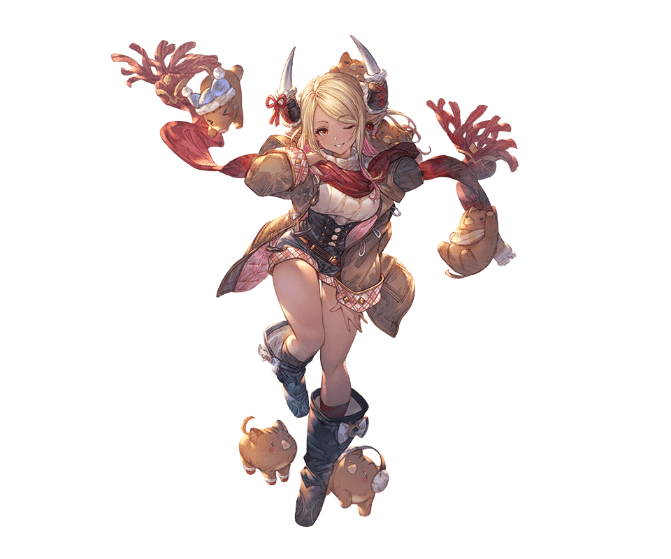 1girl alpha_transparency bangs belt black_footwear blonde_hair blue_shorts blush boots breasts brown_coat coat dark_skin draph earrings eyebrows_visible_through_hair full_body fur_trim granblue_fantasy horn_ornament horns jewelry kuvira_(granblue_fantasy) large_breasts long_hair long_sleeves looking_at_viewer minaba_hideo official_art one_eye_closed parted_bangs piglet pointy_ears red_legwear red_scarf ribbed_sweater scarf short_shorts shorts smile solo sweater transparent_background turtleneck turtleneck_sweater white_sleeves yellow_eyes