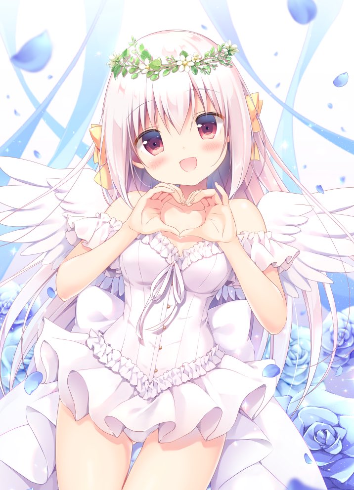 1girl :d ass_visible_through_thighs bangs blue_flower blue_ribbon blue_rose blush bow breasts commentary_request coron_(canvas+garden) dress eyebrows_visible_through_hair feathered_wings flower frilled_dress frills hair_between_eyes hair_bow hands_up heart heart_hands long_hair looking_at_viewer miyasaka_nako open_mouth original petals red_eyes ribbon rose small_breasts smile solo strapless strapless_dress very_long_hair white_dress white_hair white_ribbon white_wings wings yellow_bow